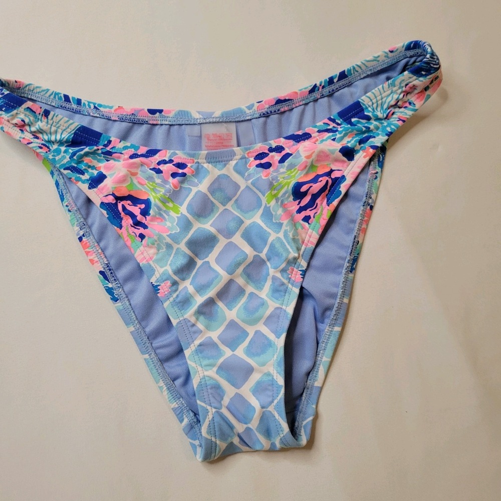 Lilly Pulitzer Pico High Cut Bikini Bottoms in Hidden Treasure Blue With Pink Ac